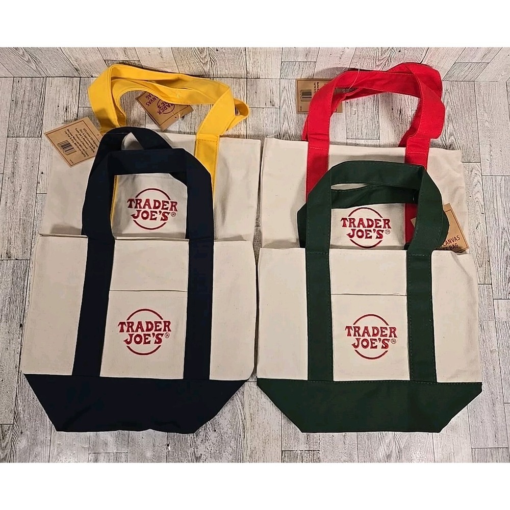Trader Joes Mini Canvas Tote Bag Set of 4 Limited Edition Embroidered NEW
